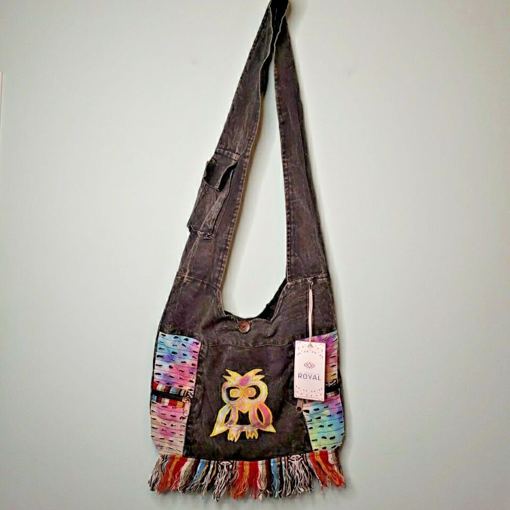 Tie Dye Owl Crossbody Hobo Bag Large Denim Purse Fringed Travel Handmade Nepal
